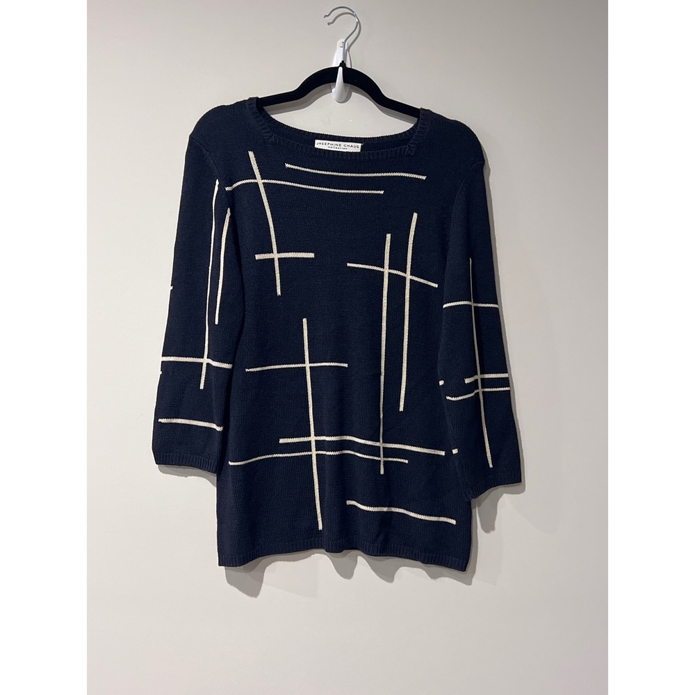 Josephine‎ Chaus 100% Silk Black  Abstract Grid Boat Neck Sweater Women's Medium